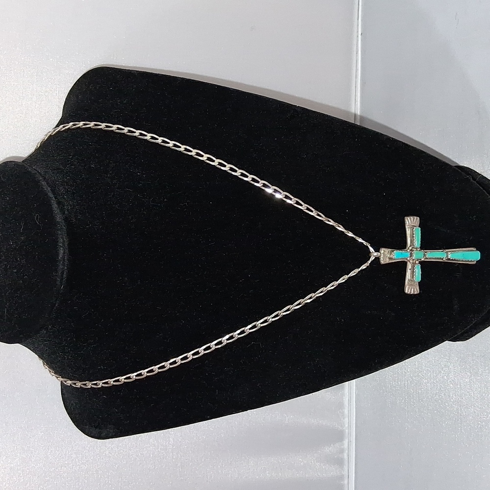 Turquoise Cross Pendant Necklace - Silver Tone